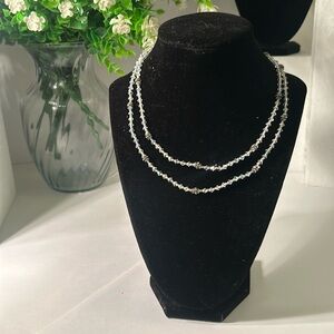 Pretty dainty clear beaded 2-strand necklace w/ rhinestone details.